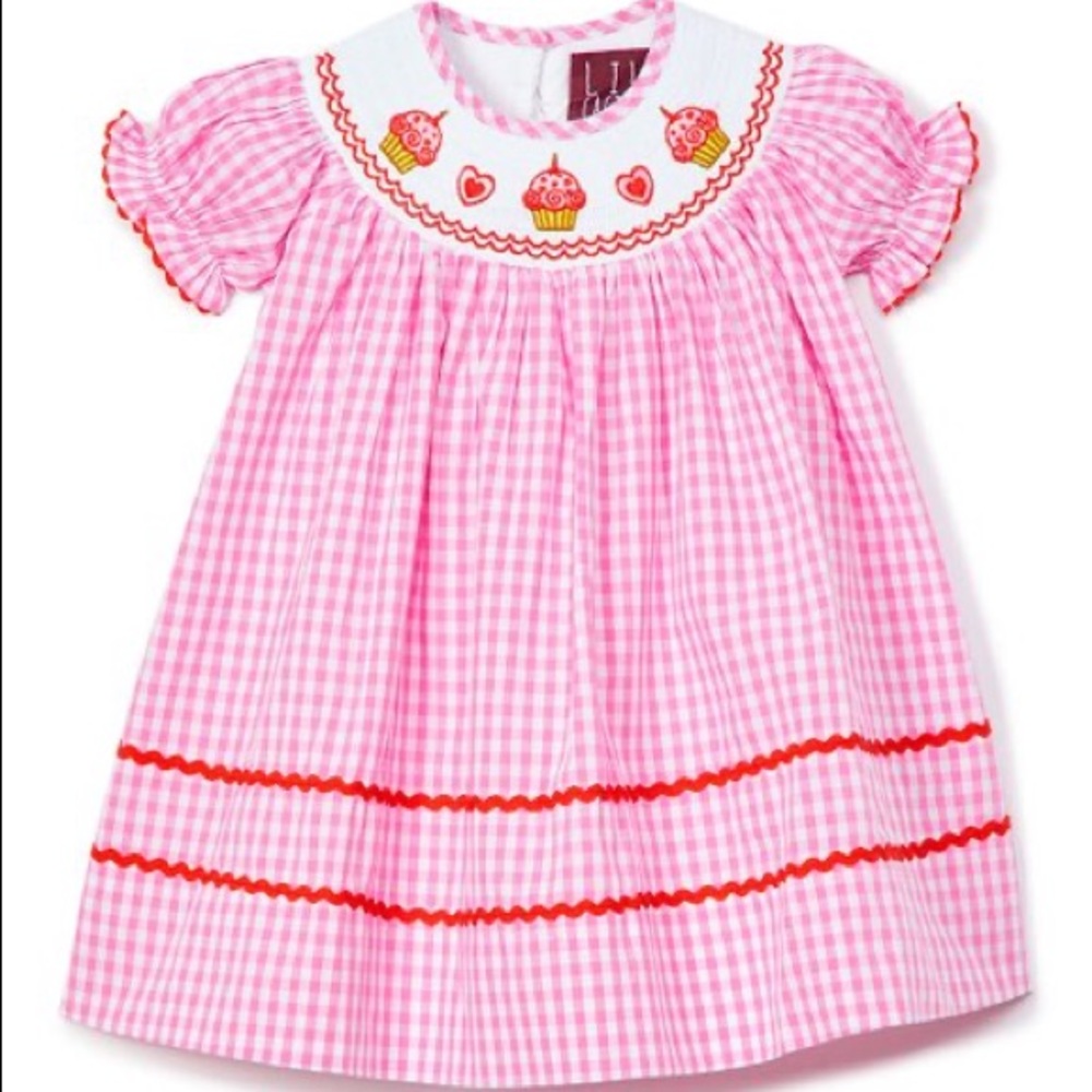 Pink Gingham Birthday Cupcake Smocked Bishop Dress